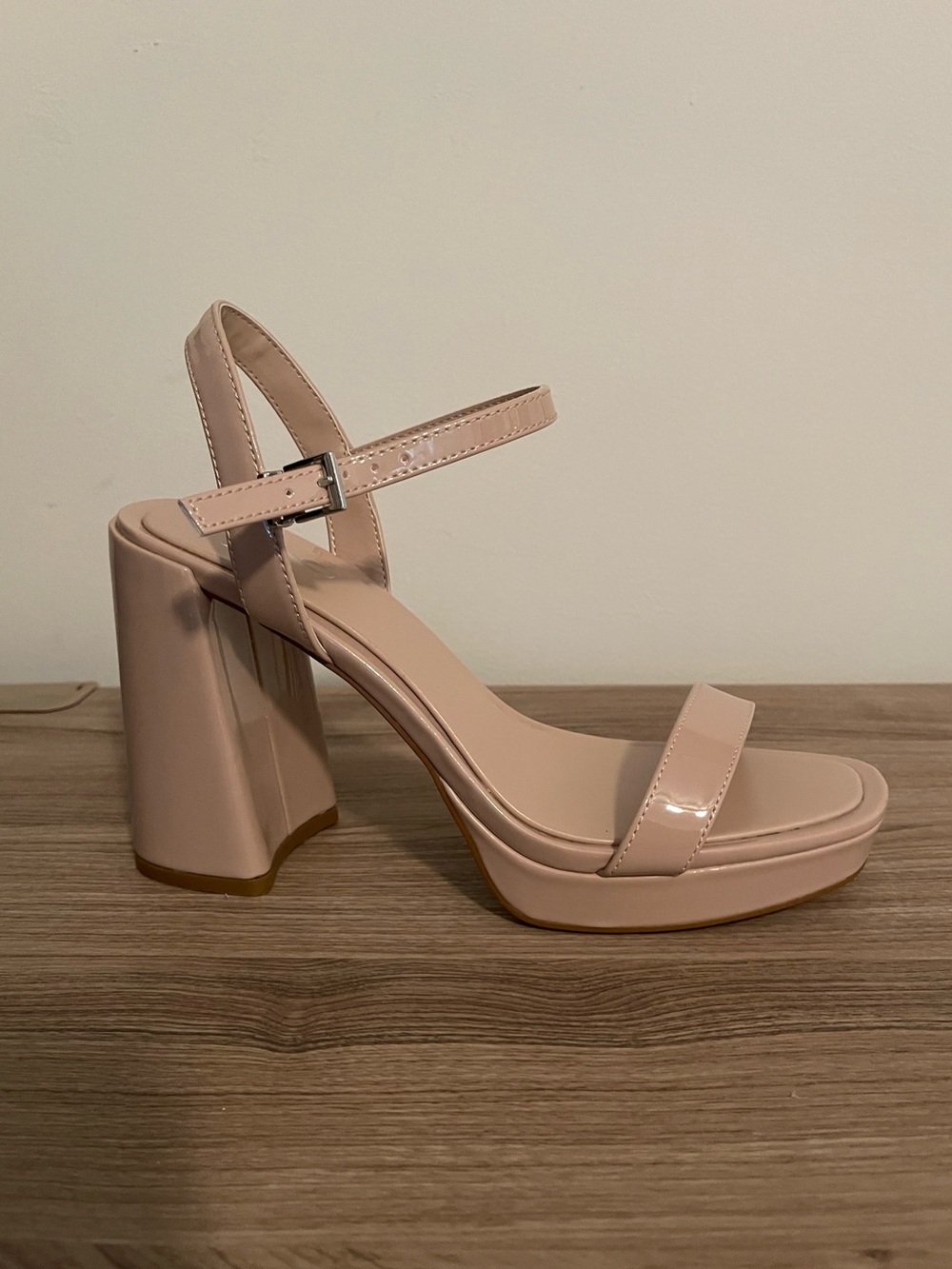 Blush Patent Block Heel Sandals with Ankle Strap